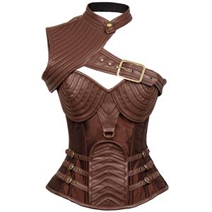 Steampunk Brown Steel Boned One-shoulder Leather Spiral Stripe Shape Corset N12010