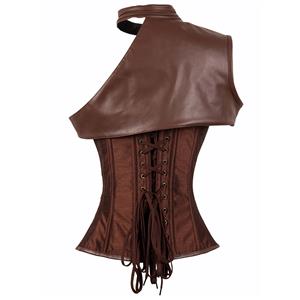 Steampunk Brown Steel Boned One-shoulder Leather Spiral Stripe Shape Corset N12010