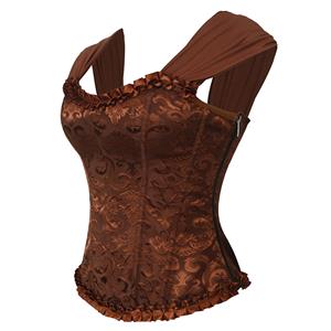 Brown Lace-Up Dance Bustier Corset with Ruffle Shoulder Straps and Scalloped Hem N237868