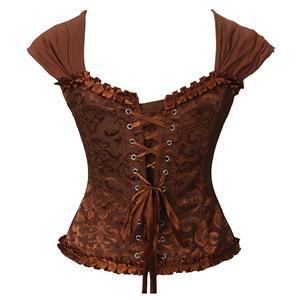Brown Lace-Up Dance Bustier Corset with Ruffle Shoulder Straps and Scalloped Hem N237868