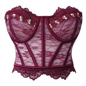 burgundy lace corset, underbust bustier, front lace-up corset, 6D floral appliqué, satin ribbon corset, waist cincher, vintage shapewear, boudoir lingerie, scalloped edge corset, retro burlesque top #N237817