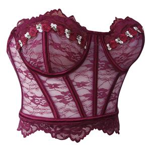 Burgundy Floral Lace Corset - Underbust Bustier with Front Lace-Up Ribbon & 6D Bloom Accents N237818