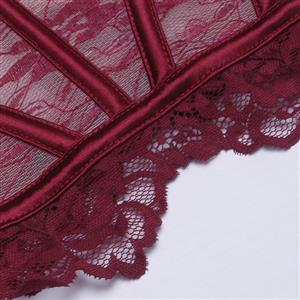 Burgundy Floral Lace Corset - Underbust Bustier with Front Lace-Up Ribbon & 6D Bloom Accents N237818