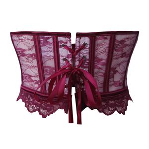 Burgundy Floral Lace Corset - Underbust Bustier with Front Lace-Up Ribbon & 6D Bloom Accents N237818