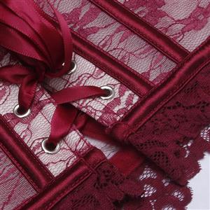Burgundy Floral Lace Corset - Underbust Bustier with Front Lace-Up Ribbon & 6D Bloom Accents N237818