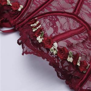 Burgundy Floral Lace Corset - Underbust Bustier with Front Lace-Up Ribbon & 6D Bloom Accents N237818