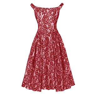Christmas lace dress, burgundy holiday gown, retro party dress, off-shoulder A-line dress, vintage Christmas attire, women's festive dress, back tie sash dress, Christmas party outfit, elegant lace gown, holiday celebration dress #N237830