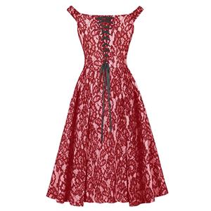 Burgundy Lace Retro Christmas Dress - Off-Shoulder A-Line Party Gown with Back Sash Tie N237830