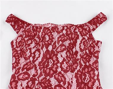 Burgundy Lace Retro Christmas Dress - Off-Shoulder A-Line Party Gown with Back Sash Tie N237830