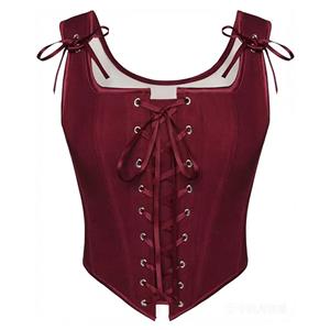 Women's Burgundy Corset, Ladies Satin Bustier, Feminine Square Neck Top, Front Lace Up, Shoulder Ties, Romantic Style, Structured Boning, Pointed Hem, Vintage Inspired, Evening Wear, High Waist Match, Chic Outfit, Women's Fashion, Waist Cincher, Statement Top #23963
