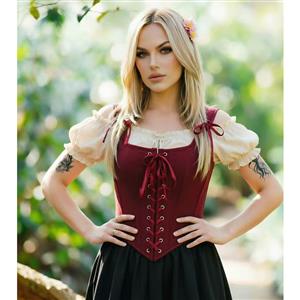 Women's Burgundy Satin Corset Top Square Neck Front Lace-Up Shoulder Ties N23963