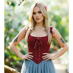 Women's Burgundy Satin Corset Top Square Neck Front Lace-Up Shoulder Ties N23963