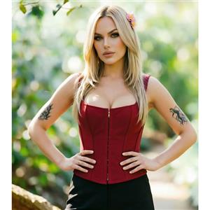 Women's Burgundy Satin Corset Top Square Neck Wide Straps Front Zipper N23964