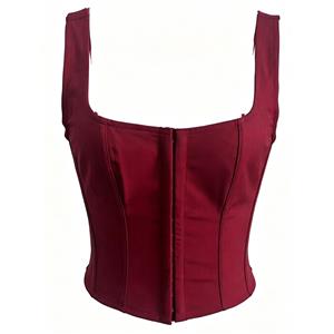Women's Burgundy Satin Corset Top Square Neck Wide Straps Front Zipper N23964