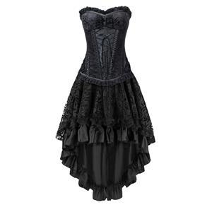 Steel Boned Black Jacquard Lace Trim Overbust Corset&Skirt Set N12774