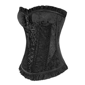 Steel Boned Black Jacquard Lace Trim Overbust Corset&Skirt Set N12774