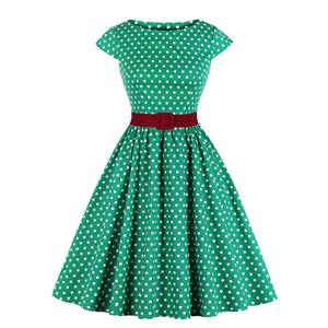 Vintage Polka Dots Bateau Neck Cap Sleeve Belted Cocktail Party A-line Dress N19625