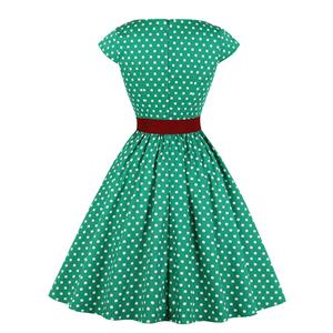 Vintage Polka Dots Bateau Neck Cap Sleeve Belted Cocktail Party A-line Dress N19625