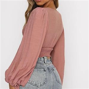 Fashion Casual Dark-pink Cotton Deep V Neck Lantern Sleeve High Waist Elastic Crop Top N21112