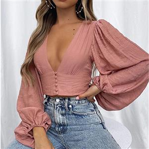 Fashion Casual Dark-pink Cotton Deep V Neck Lantern Sleeve High Waist Elastic Crop Top N21112