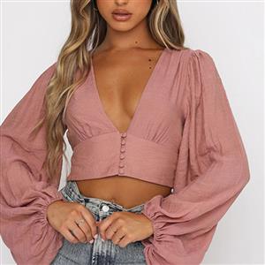 Fashion Casual Dark-pink Cotton Deep V Neck Lantern Sleeve High Waist Elastic Crop Top N21112