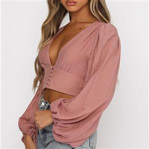 Fashion Casual Dark-pink Cotton Deep V Neck Lantern Sleeve High Waist Elastic Crop Top N21112