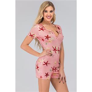 Fashion Casual Pink Split V Neck Short Sleeve Print Short Swimsuit Boxer Jumpsuit N20503