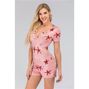 Fashion Casual Pink Split V Neck Short Sleeve Print Short Swimsuit Boxer Jumpsuit N20503