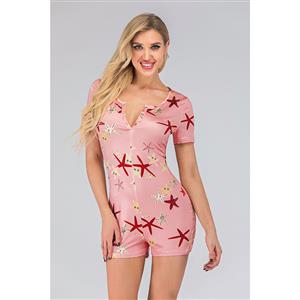 Fashion Casual Pink Split V Neck Short Sleeve Print Short Swimsuit Boxer Jumpsuit N20503