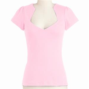 Vintage 1950's T-shirt, Women's Pink Pullover Tops, Women's Short Sleeve Slim Fit T-shirt, Solid Color Summer T-shirt for women, Casual Summer T-shirt, Plain Pink Short Sleeve T-shirt, #N17148