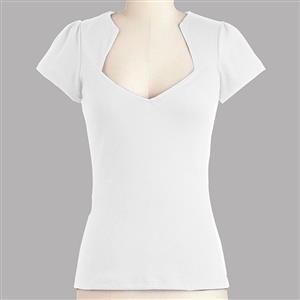 Vintage 1950's T-shirt, Women's White Pullover Tops, Women's Short Sleeve Slim Fit T-shirt, Solid Color Summer T-shirt for women, Casual Summer T-shirt, Plain White Short Sleeve T-shirt, #N17147