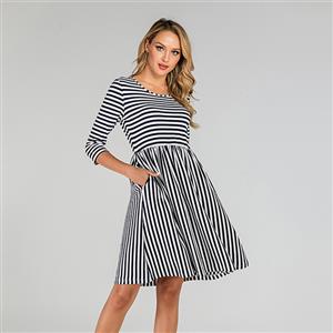 Casual Dark-blue and White Wavy Stripe Round Neck 7-point Sleeve High Waist Daily Dress N19502