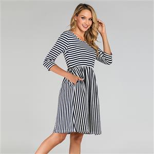 Casual Dark-blue and White Wavy Stripe Round Neck 7-point Sleeve High Waist Daily Dress N19502