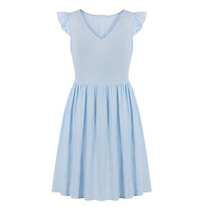Lovely Solid Color Cotton Light-blue V Neck Flutter Sleeve High Waist Midi Dress N19413