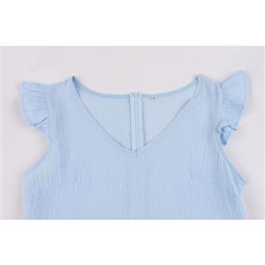 Lovely Solid Color Cotton Light-blue V Neck Flutter Sleeve High Waist Midi Dress N19413