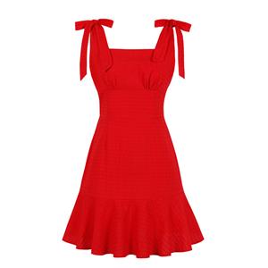 Casual Red Square Neckline Sleeveless Ruffle V-back Dress Summer Outing Mini Dress N19080