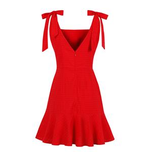 Casual Red Square Neckline Sleeveless Ruffle V-back Dress Summer Outing Mini Dress N19080