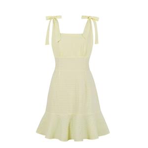Casual Pale Yellow Square Neckline Sleeveless Ruffle V-back Dress Summer Outing Mini Dress N19157