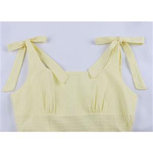 Casual Pale Yellow Square Neckline Sleeveless Ruffle V-back Dress Summer Outing Mini Dress N19157