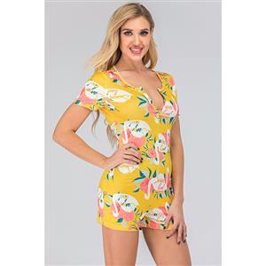Fashion Casual Yellow Split V Neck Short Sleeve Print Short Swimsuit Boxer Jumpsuit N20502