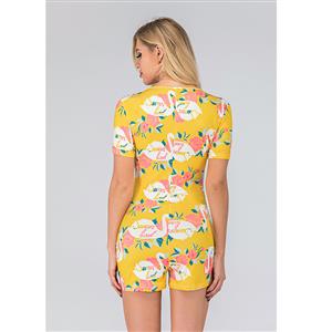 Fashion Casual Yellow Split V Neck Short Sleeve Print Short Swimsuit Boxer Jumpsuit N20502