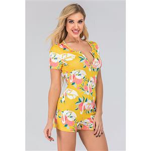 Fashion Casual Yellow Split V Neck Short Sleeve Print Short Swimsuit Boxer Jumpsuit N20502