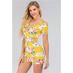 Fashion Casual Yellow Split V Neck Short Sleeve Print Short Swimsuit Boxer Jumpsuit N20502