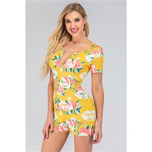 Fashion Casual Yellow Split V Neck Short Sleeve Print Short Swimsuit Boxer Jumpsuit N20502