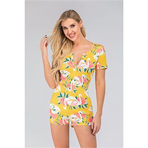 Fashion Casual Yellow Split V Neck Short Sleeve Print Short Swimsuit Boxer Jumpsuit N20502