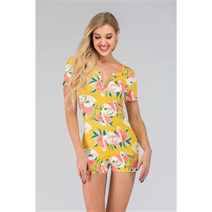 Fashion Casual Yellow Split V Neck Short Sleeve Print Short Swimsuit Boxer Jumpsuit N20502