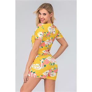 Fashion Casual Yellow Split V Neck Short Sleeve Print Short Swimsuit Boxer Jumpsuit N20502