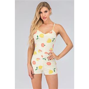 Fashion Casual Yellow Spaghetti Straps V Neck Print Short Swimsuit Boxer Jumpsuit N20504