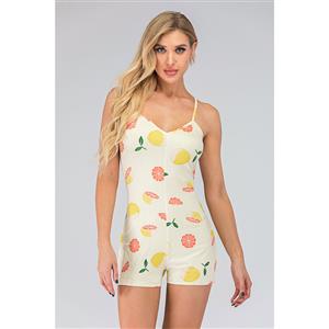 Fashion Casual Yellow Spaghetti Straps V Neck Print Short Swimsuit Boxer Jumpsuit N20504