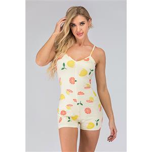 Fashion Casual Yellow Spaghetti Straps V Neck Print Short Swimsuit Boxer Jumpsuit N20504